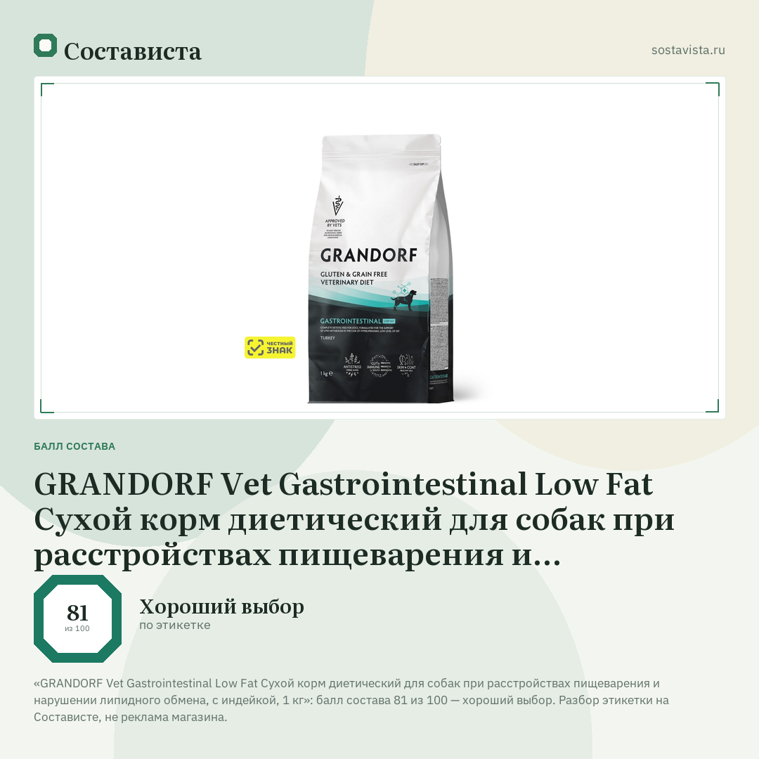 GRANDORF Vet Gastrointestinal Low Fat Сухой корм диетический для собак при расстройствах пищеварения и нарушении липидного обмена, с индейкой, 1 кг: балл состава 81 из 100 — Состависта