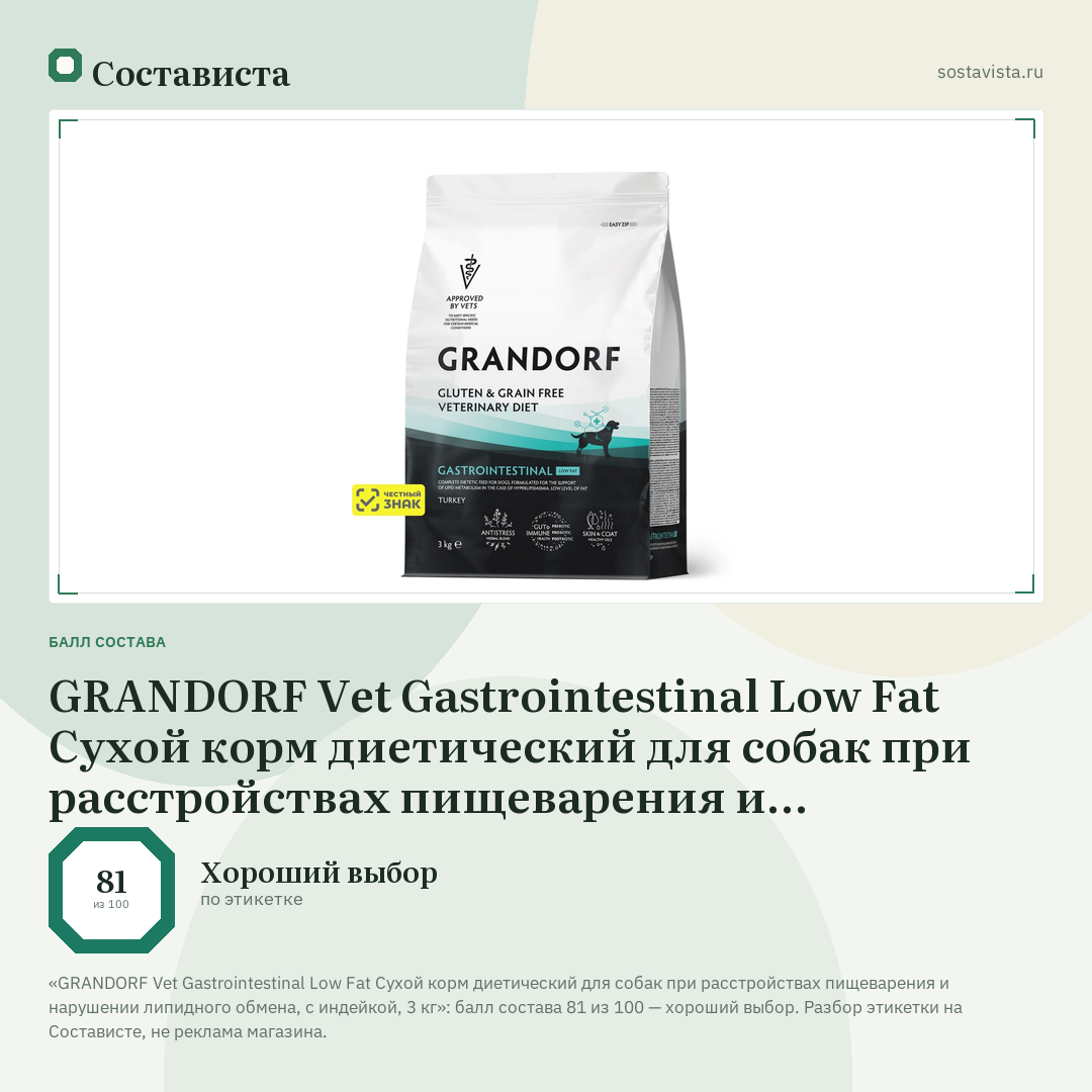 GRANDORF Vet Gastrointestinal Low Fat Сухой корм диетический для собак при расстройствах пищеварения и нарушении липидного обмена, с индейкой, 3 кг: балл состава 81 из 100 — Состависта