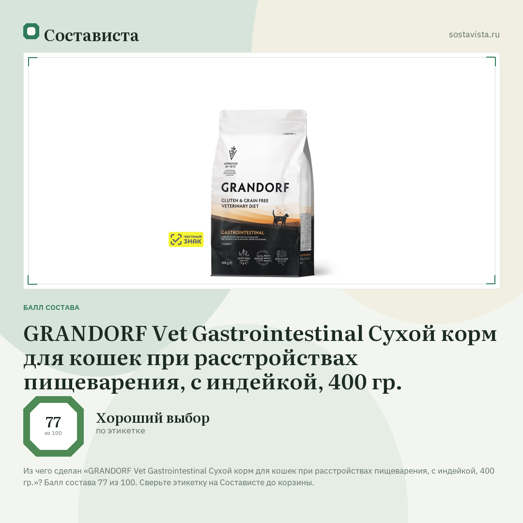 GRANDORF Vet Gastrointestinal Сухой корм для кошек при расстройствах пищеварения, с индейкой, 400 гр.: балл состава 77 из 100 — Состависта
