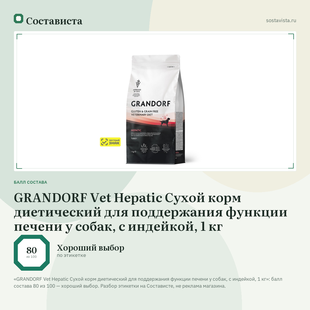 GRANDORF Vet Hepatic Сухой корм диетический для поддержания функции печени у собак, с индейкой, 1 кг: балл состава 80 из 100 — Состависта