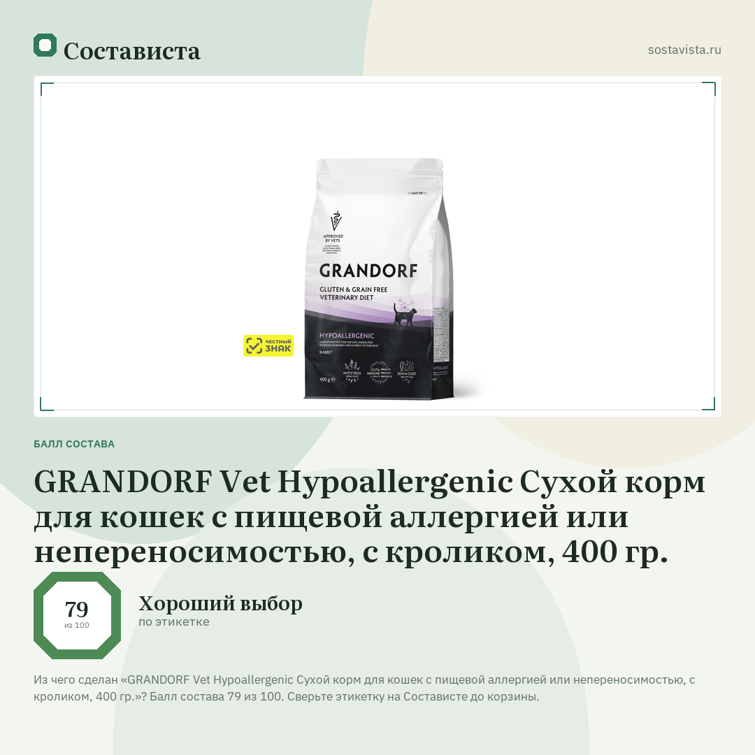 GRANDORF Vet Hypoallergenic Сухой корм для кошек с пищевой аллергией или непереносимостью, с кроликом, 400 гр.: балл состава 79 из 100 — Состависта
