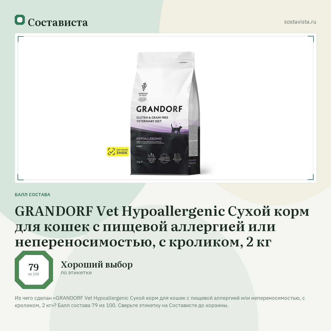 GRANDORF Vet Hypoallergenic Сухой корм для кошек с пищевой аллергией или непереносимостью, с кроликом, 2 кг: балл состава 79 из 100 — Состависта