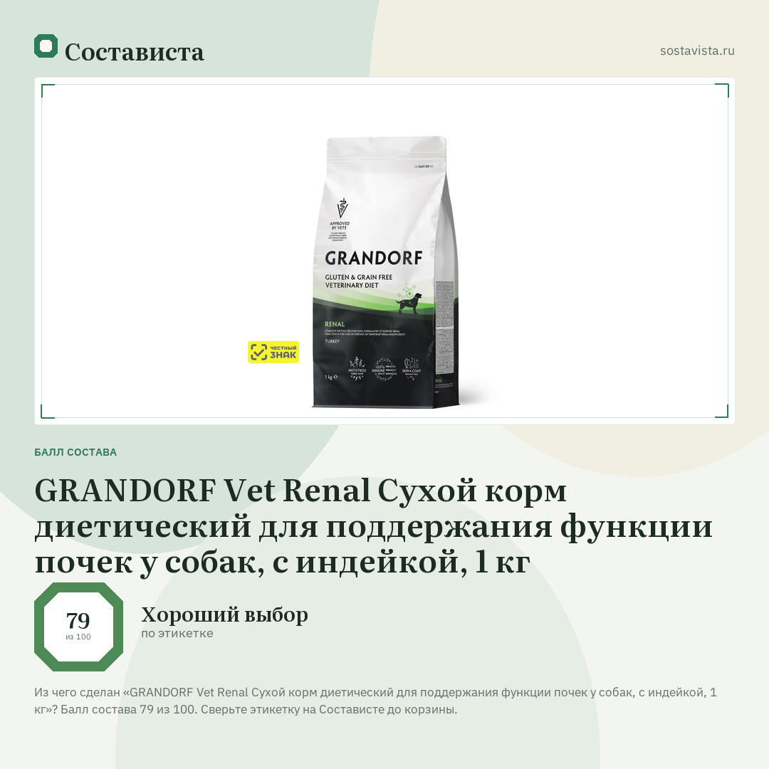 GRANDORF Vet Renal Сухой корм диетический для поддержания функции почек у собак, с индейкой, 1 кг: балл состава 79 из 100 — Состависта
