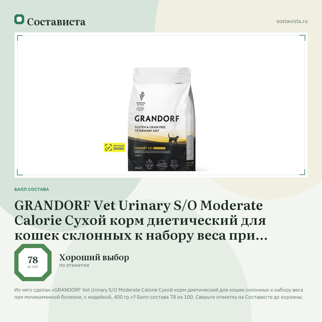 GRANDORF Vet Urinary S/O Moderate Calorie Сухой корм диетический для кошек склонных к набору веса при мочекаменной болезни, с индейкой, 400 гр.: балл состава 78 из 100 — Состависта