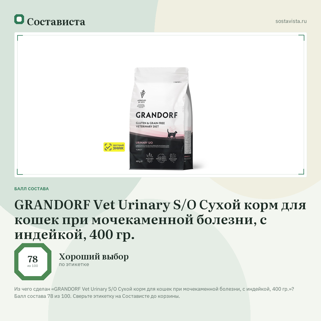 GRANDORF Vet Urinary S/O Сухой корм для кошек при мочекаменной болезни, с индейкой, 400 гр.: балл состава 78 из 100 — Состависта
