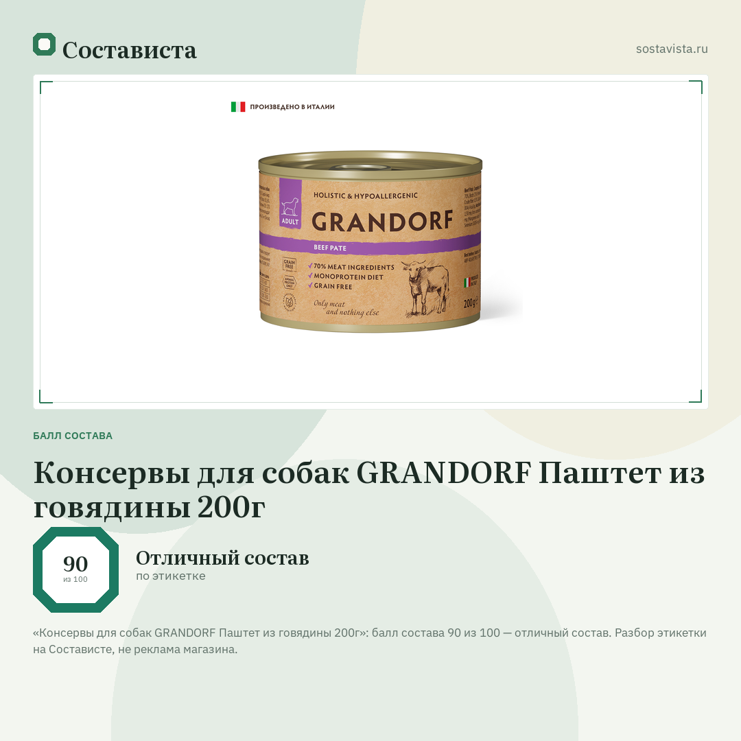 Консервы для собак GRANDORF Паштет из говядины 200г: балл состава 90 из 100 — Состависта