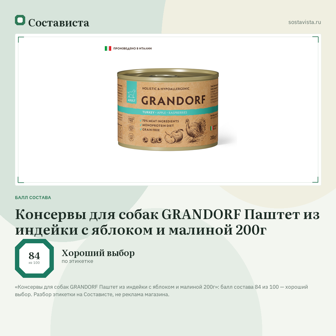 Консервы для собак GRANDORF Паштет из индейки с яблоком и малиной 200г: балл состава 84 из 100 — Состависта