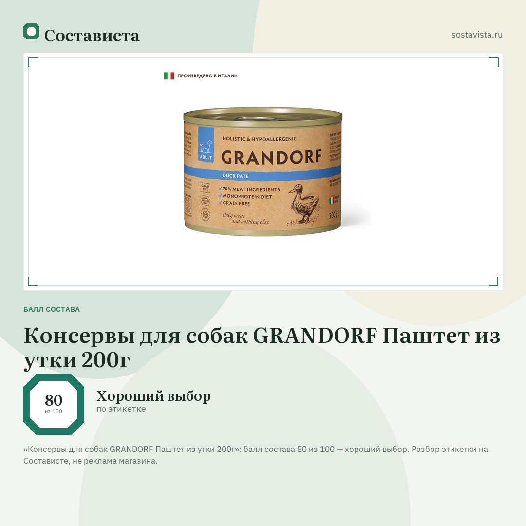 Консервы для собак GRANDORF Паштет из утки 200г: балл состава 80 из 100 — Состависта
