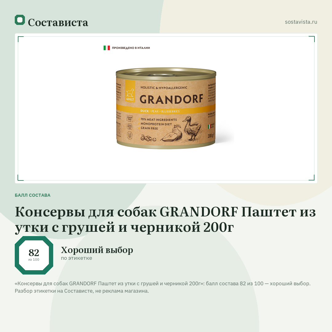 Консервы для собак GRANDORF Паштет из утки с грушей и черникой 200г: балл состава 82 из 100 — Состависта