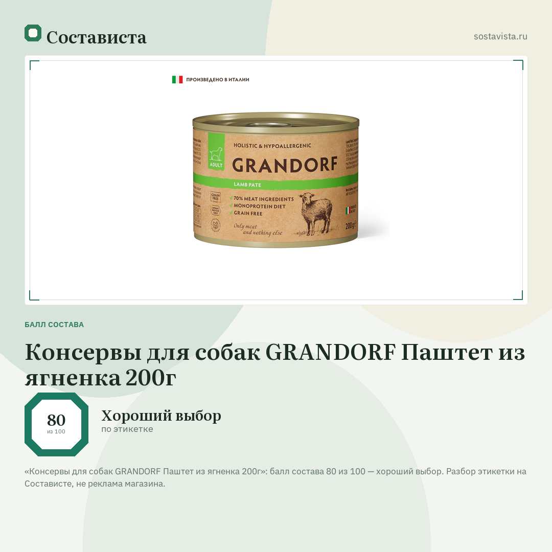 Консервы для собак GRANDORF Паштет из ягненка 200г: балл состава 80 из 100 — Состависта