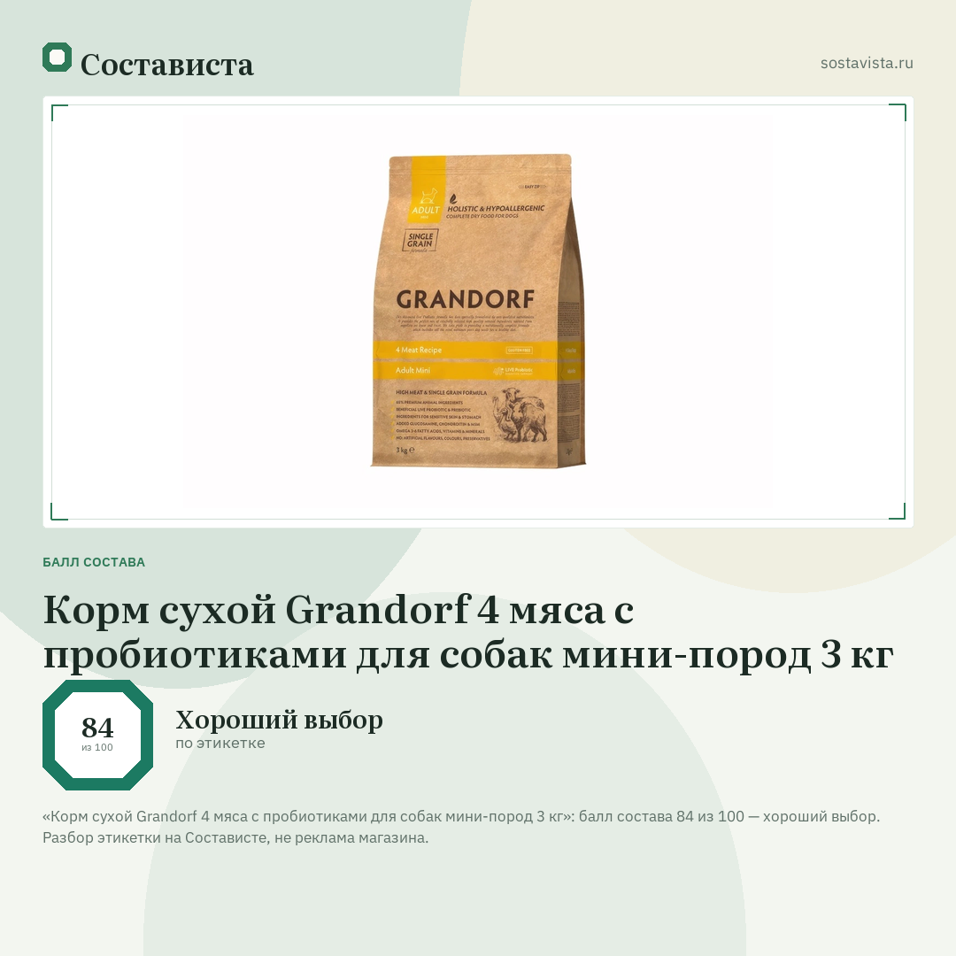 Корм сухой Grandorf 4 мяса с пробиотиками для собак мини-пород 3 кг: балл состава 84 из 100 — Состависта