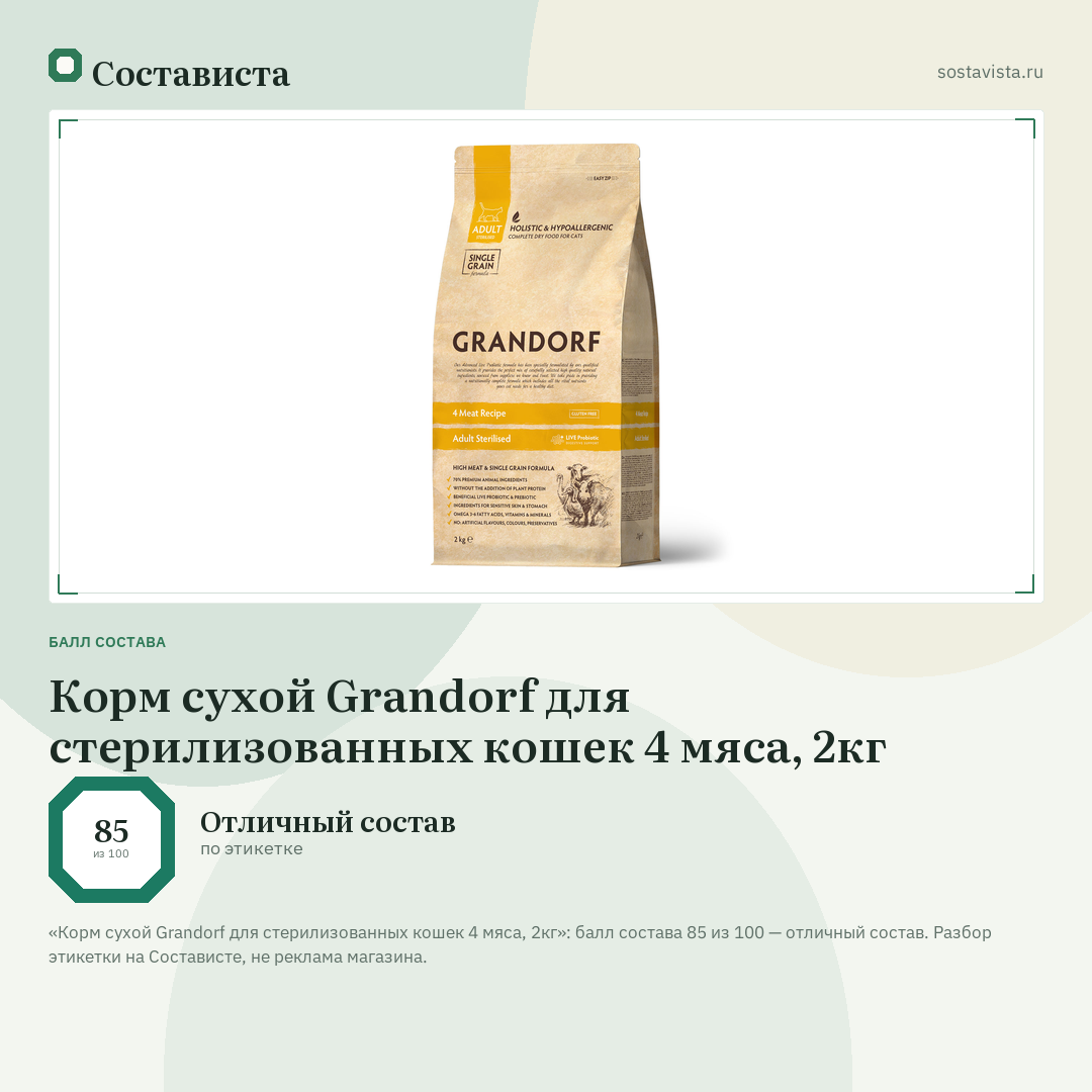 Корм сухой Grandorf для стерилизованных кошек 4 мяса, 2кг: балл состава 85 из 100 — Состависта