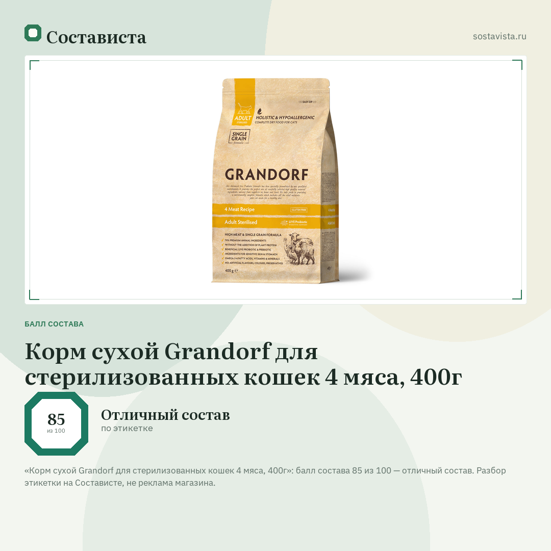 Корм сухой Grandorf для стерилизованных кошек 4 мяса, 400г: балл состава 85 из 100 — Состависта