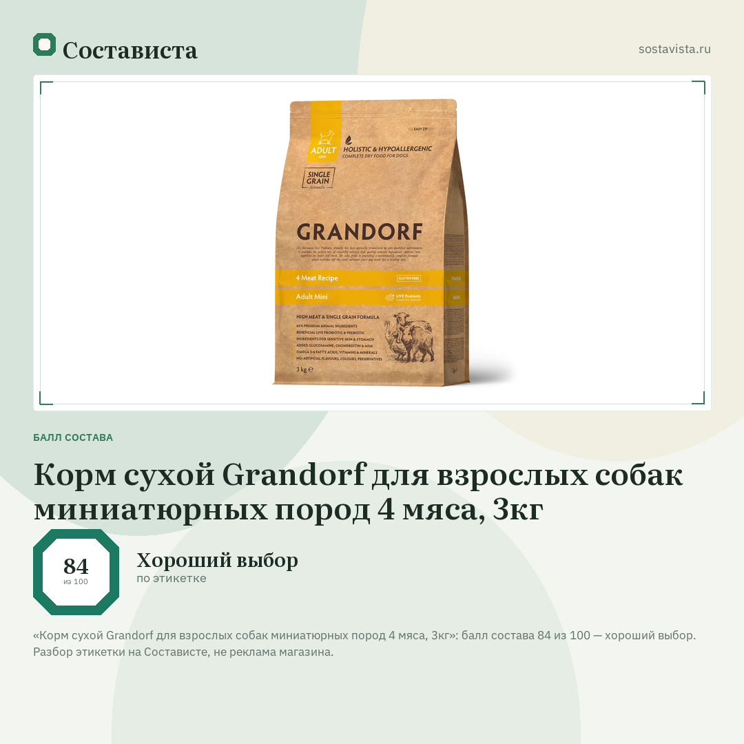 Корм сухой Grandorf для взрослых собак миниатюрных пород 4 мяса, 3кг: балл состава 84 из 100 — Состависта