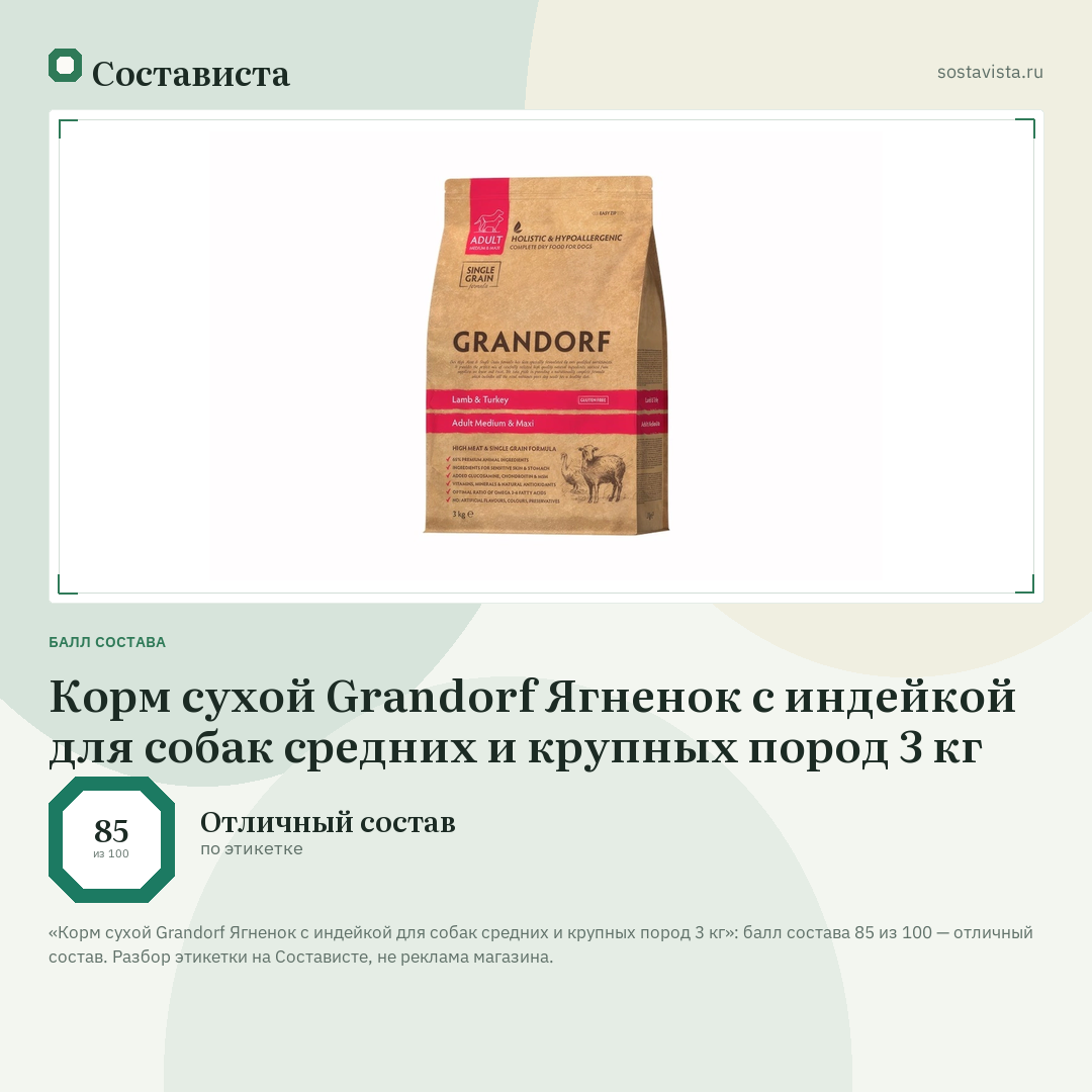 Корм сухой Grandorf Ягненок с индейкой для собак средних и крупных пород 3 кг: балл состава 85 из 100 — Состависта