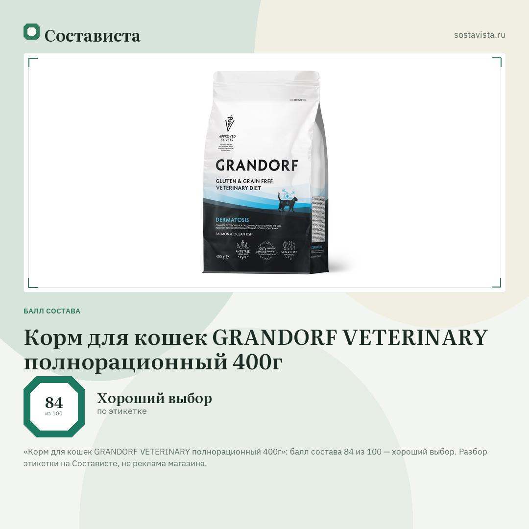Корм для кошек GRANDORF VETERINARY полнорационный 400г: балл состава 84 из 100 — Состависта