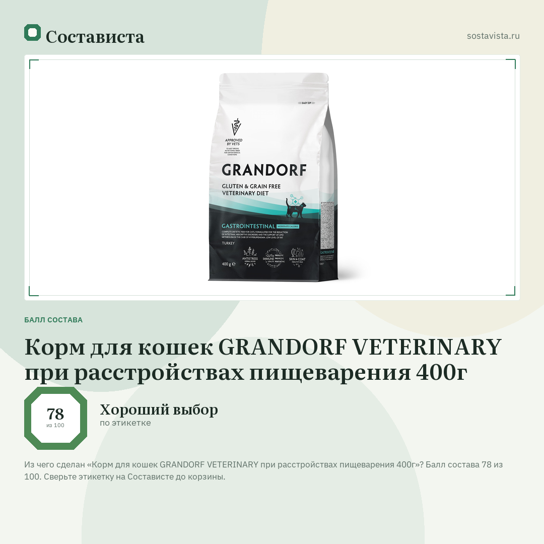 Корм для кошек GRANDORF VETERINARY при расстройствах пищеварения 400г: балл состава 78 из 100 — Состависта