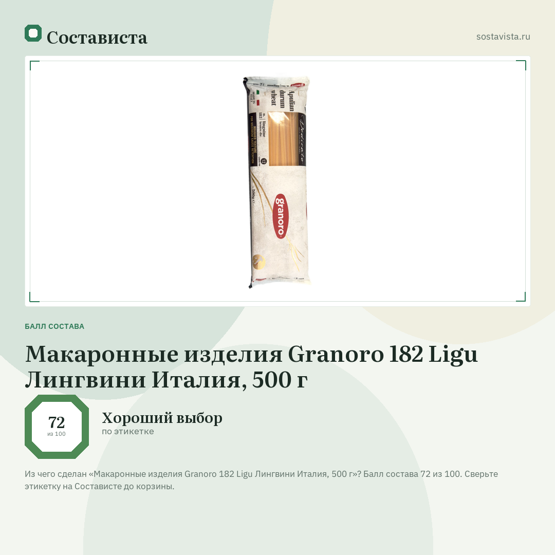 Макаронные изделия Granoro 182 Ligu Лингвини Италия, 500 г: балл состава 72 из 100 — Состависта