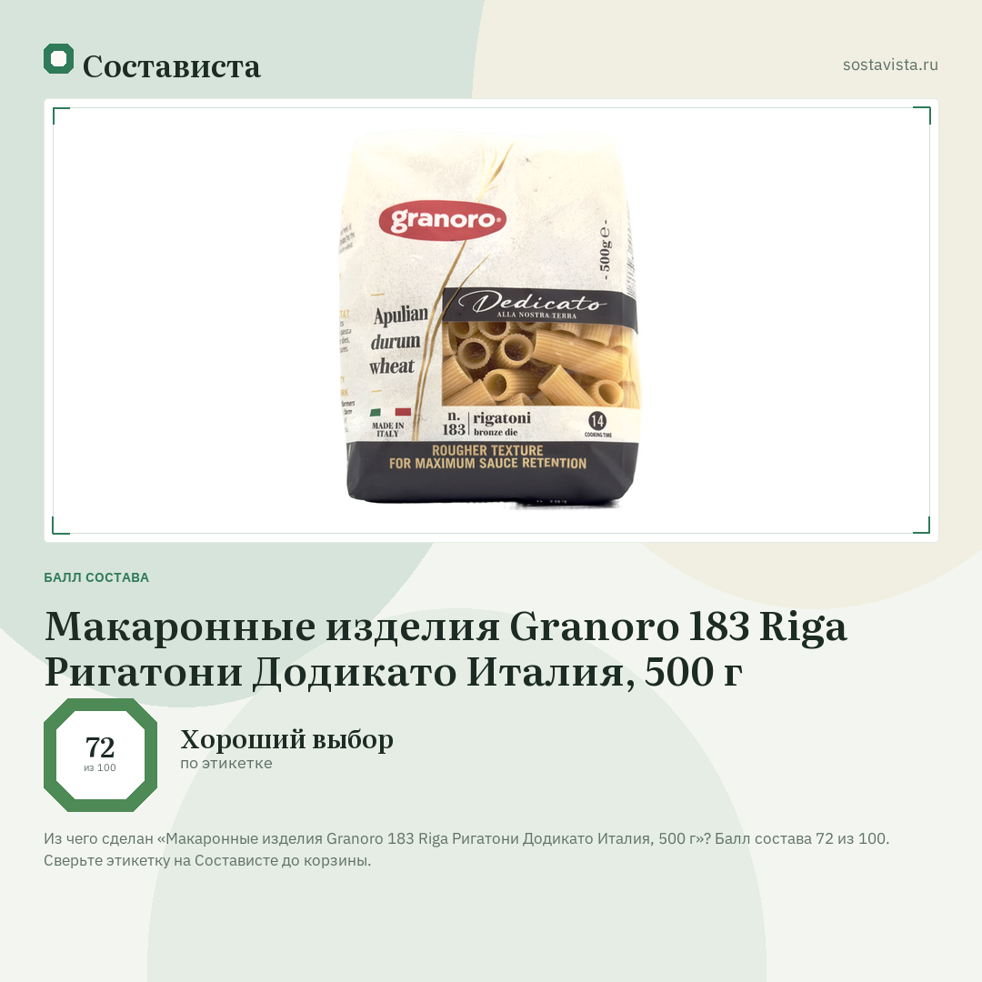 Макаронные изделия Granoro 183 Riga Ригатони Додикато Италия, 500 г: балл состава 72 из 100 — Состависта
