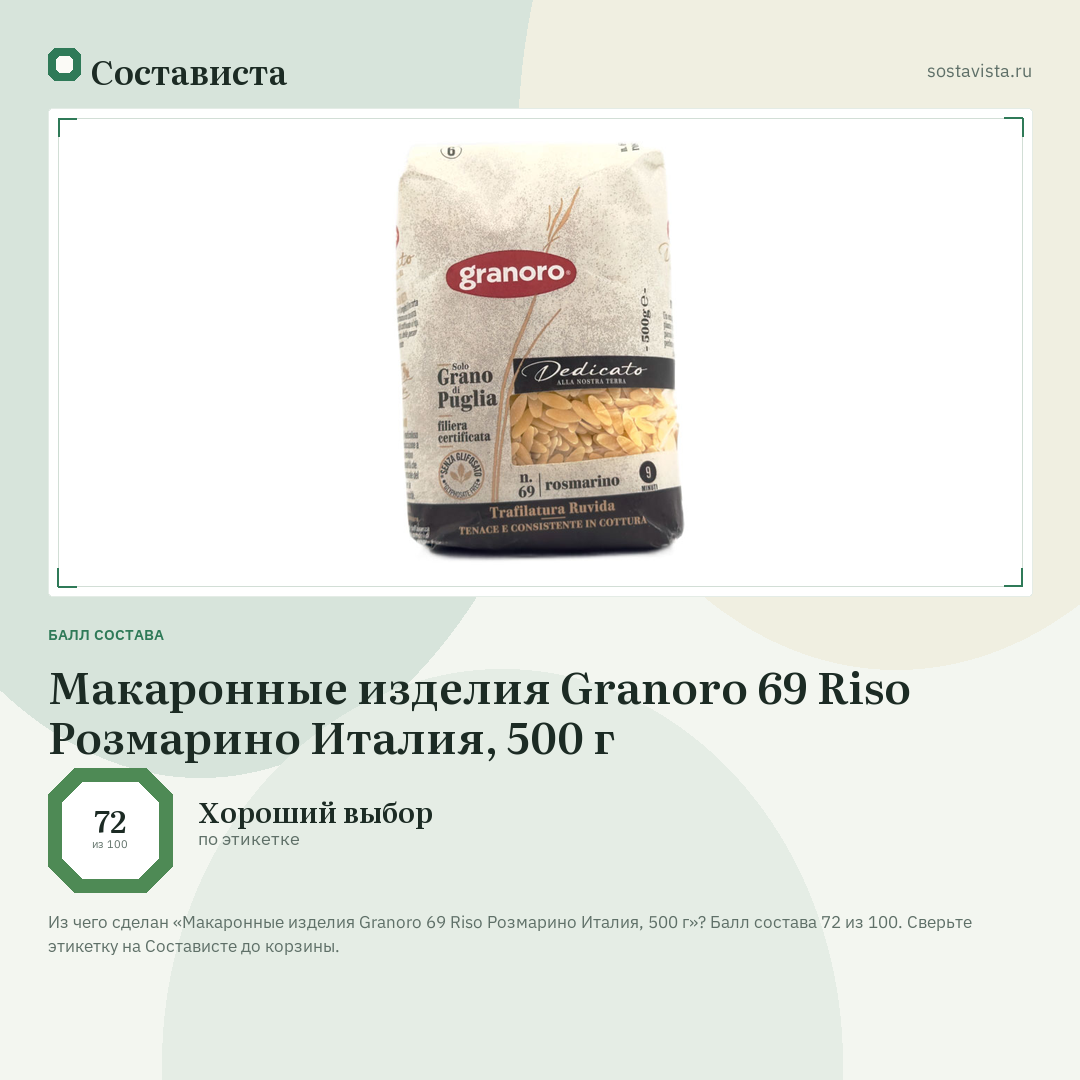 Макаронные изделия Granoro 69 Riso Розмарино Италия, 500 г: балл состава 72 из 100 — Состависта
