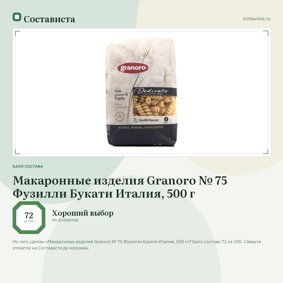 Макаронные изделия Granoro № 75 Фузилли Букати Италия, 500 г: балл состава 72 из 100 — Состависта