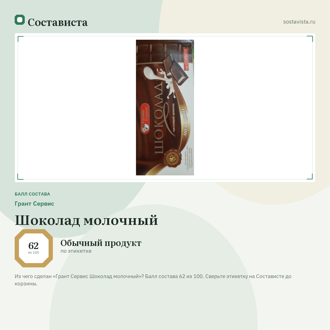 Грант Сервис Шоколад молочный: балл состава 62 из 100 — Состависта