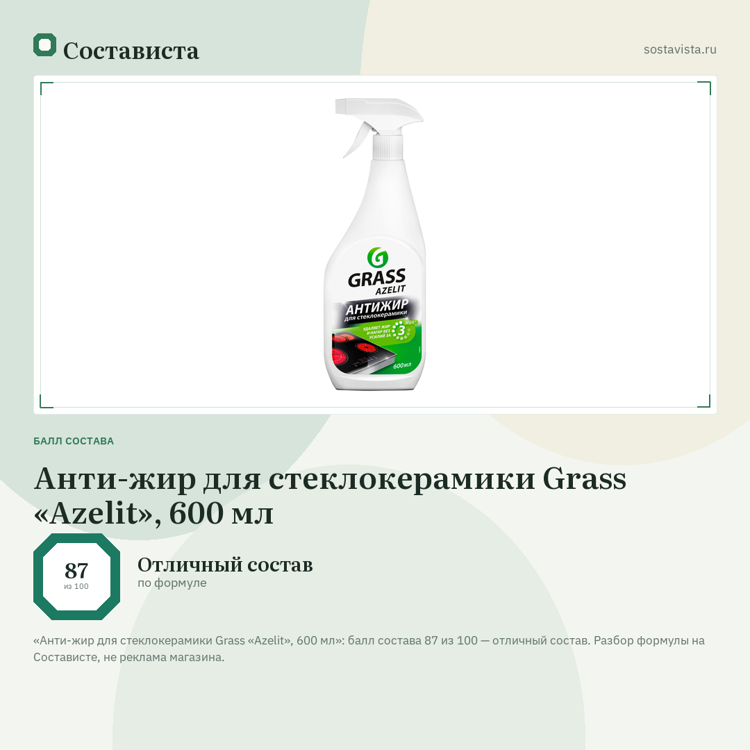 Анти-жир для стеклокерамики Grass «Azelit», 600 мл: балл состава 87 из 100 — Состависта
