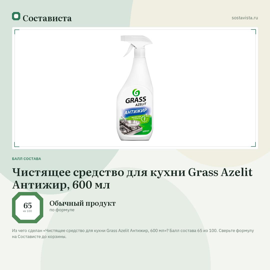 Чистящее средство для кухни Grass Azelit Антижир, 600 мл: балл состава 65 из 100 — Состависта