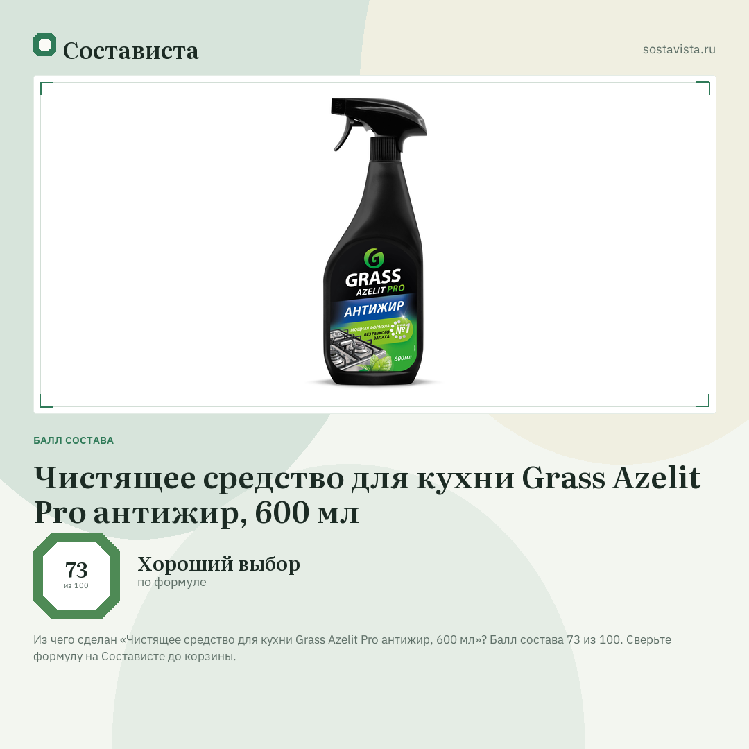 Чистящее средство для кухни Grass Azelit Pro антижир, 600 мл: балл состава 73 из 100 — Состависта