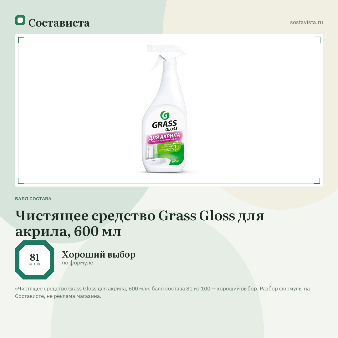 Чистящее средство Grass Gloss для акрила, 600 мл: балл состава 81 из 100 — Состависта