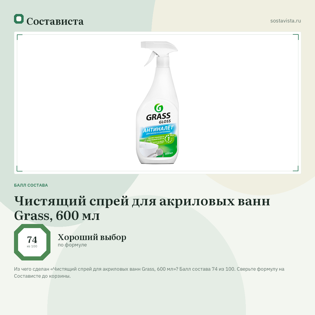 Чистящий спрей для акриловых ванн Grass, 600 мл: балл состава 74 из 100 — Состависта