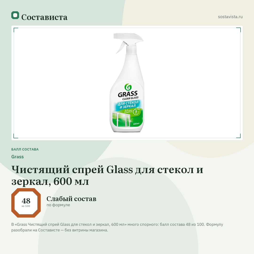 Grass Чистящий спрей Glass для стекол и зеркал, 600 мл: балл состава 48 из 100 — Состависта