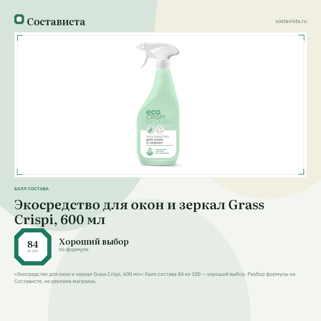 Экосредство для окон и зеркал Grass Crispi, 600 мл: балл состава 84 из 100 — Состависта