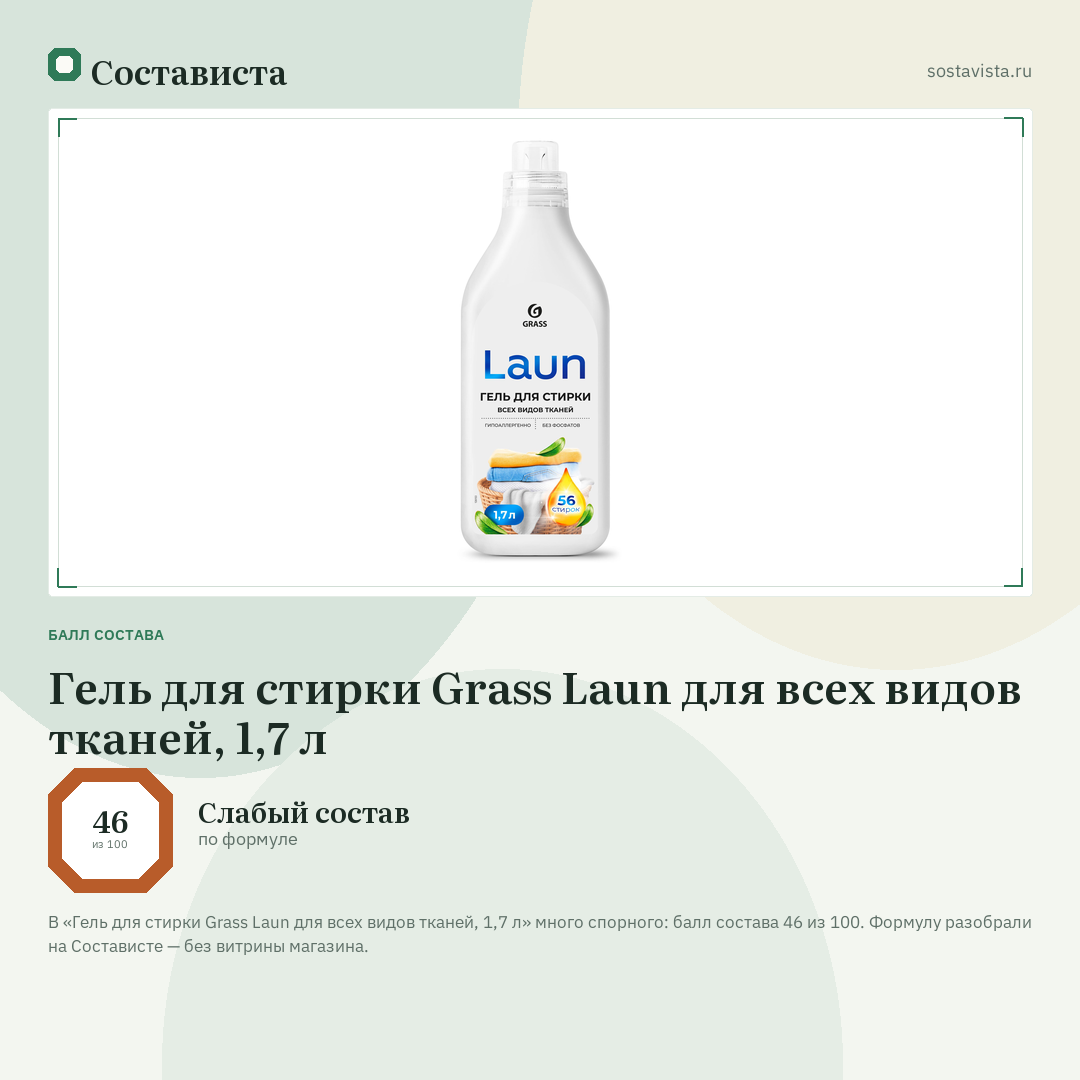 Гель для стирки Grass Laun для всех видов тканей, 1,7 л: балл состава 46 из 100 — Состависта