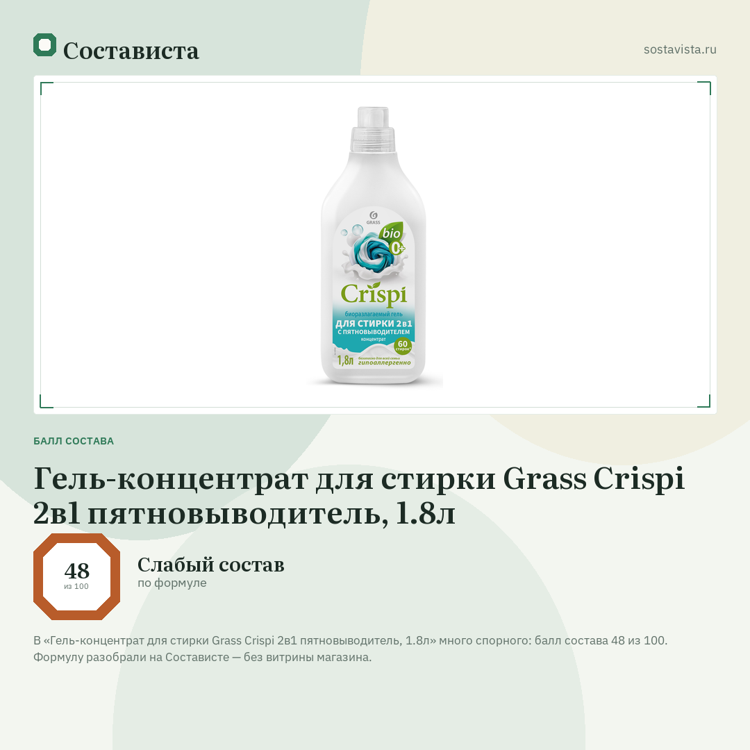 Гель-концентрат для стирки Grass Crispi 2в1 пятновыводитель, 1.8л: балл состава 48 из 100 — Состависта