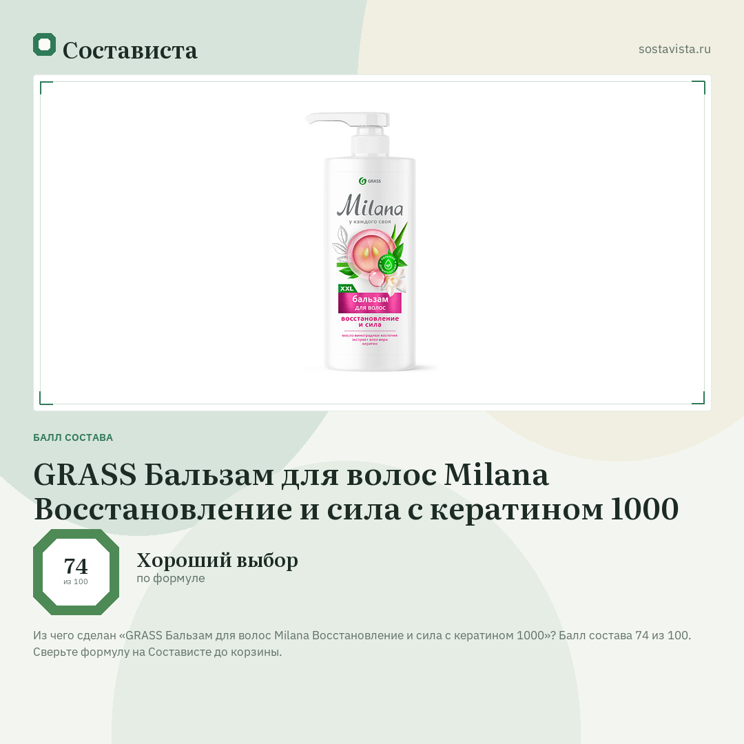 GRASS Бальзам для волос Milana Восстановление и сила с кератином 1000: балл состава 74 из 100 — Состависта