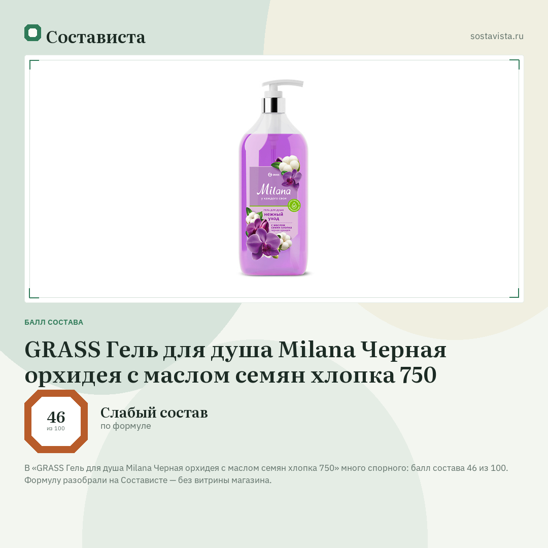 GRASS Гель для душа Milana Черная орхидея с маслом семян хлопка 750: балл состава 46 из 100 — Состависта