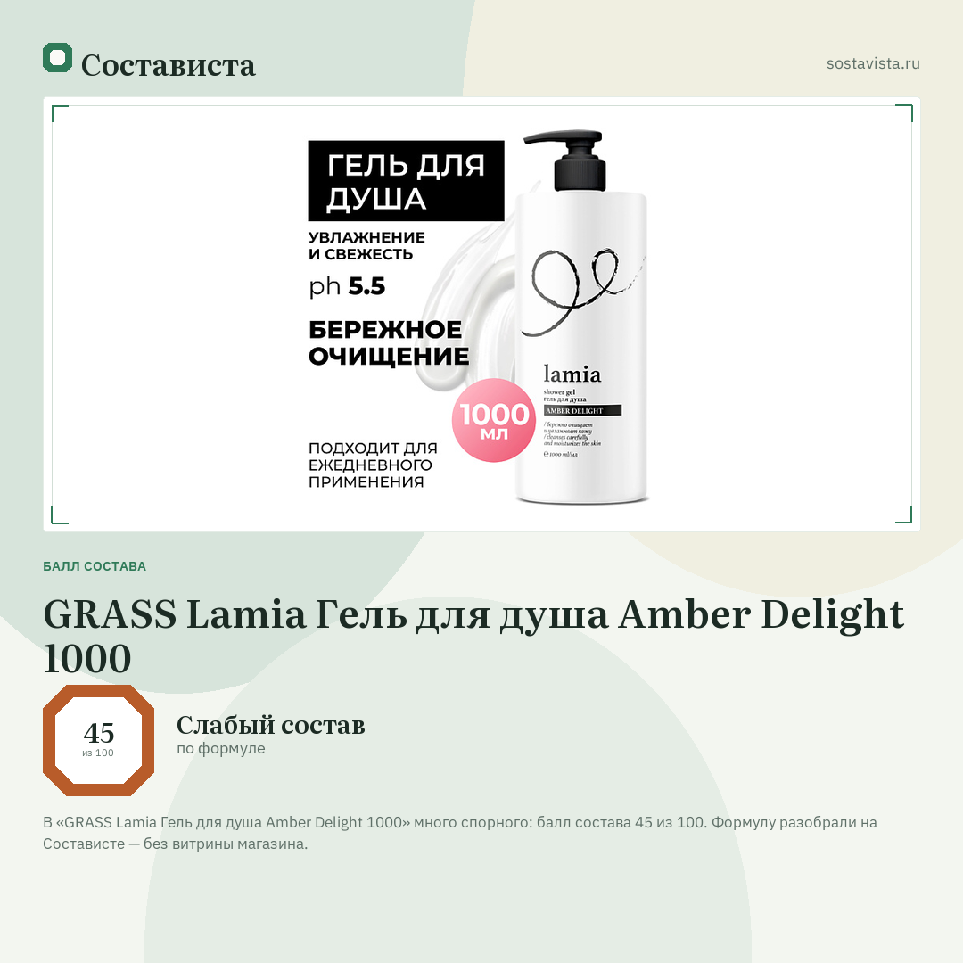 GRASS Lamia Гель для душа Amber Delight 1000: балл состава 45 из 100 — Состависта