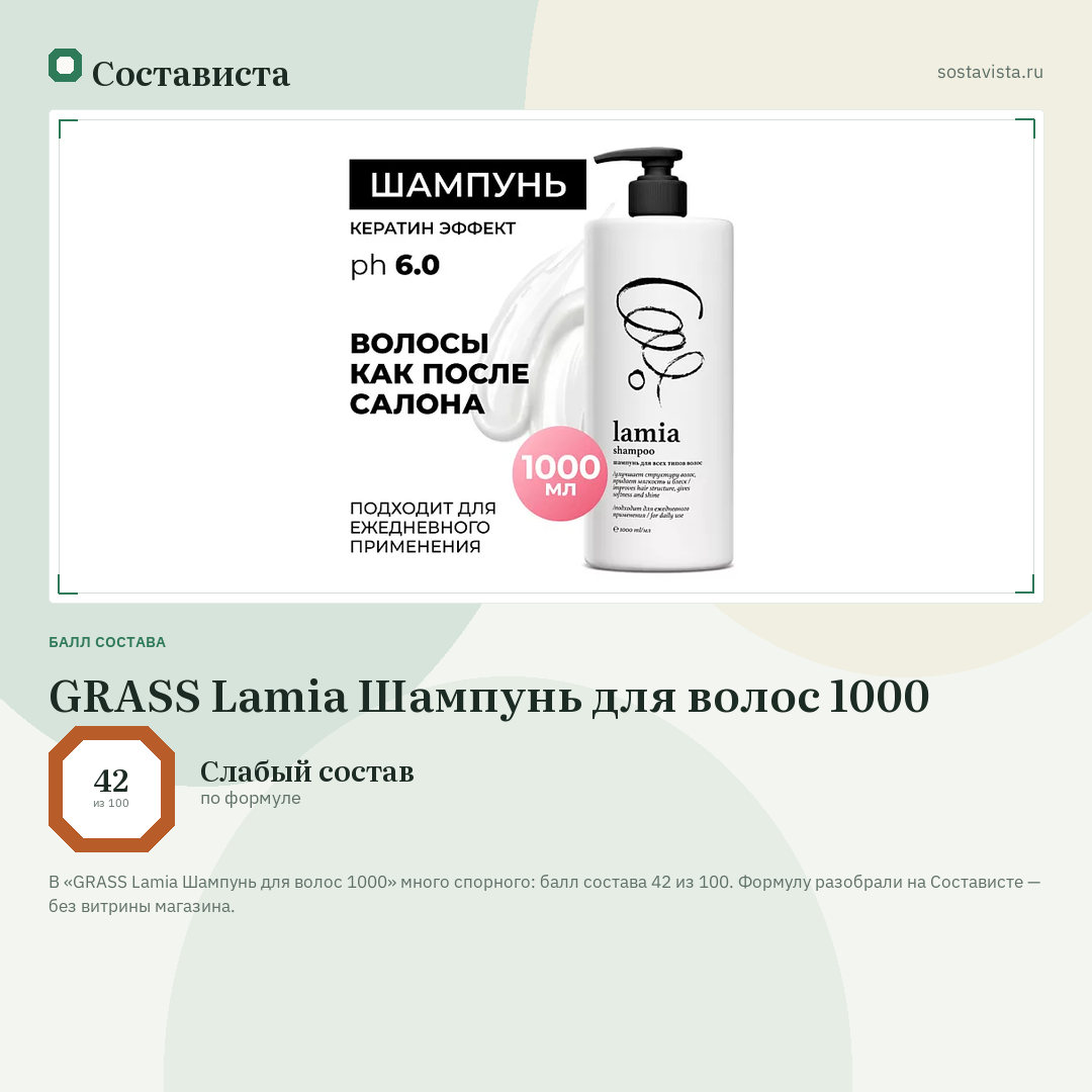 GRASS Lamia Шампунь для волос 1000: балл состава 42 из 100 — Состависта