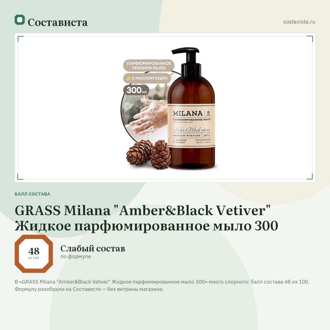 GRASS Milana "Amber&Black Vetiver" Жидкое парфюмированное мыло 300: балл состава 48 из 100 — Состависта