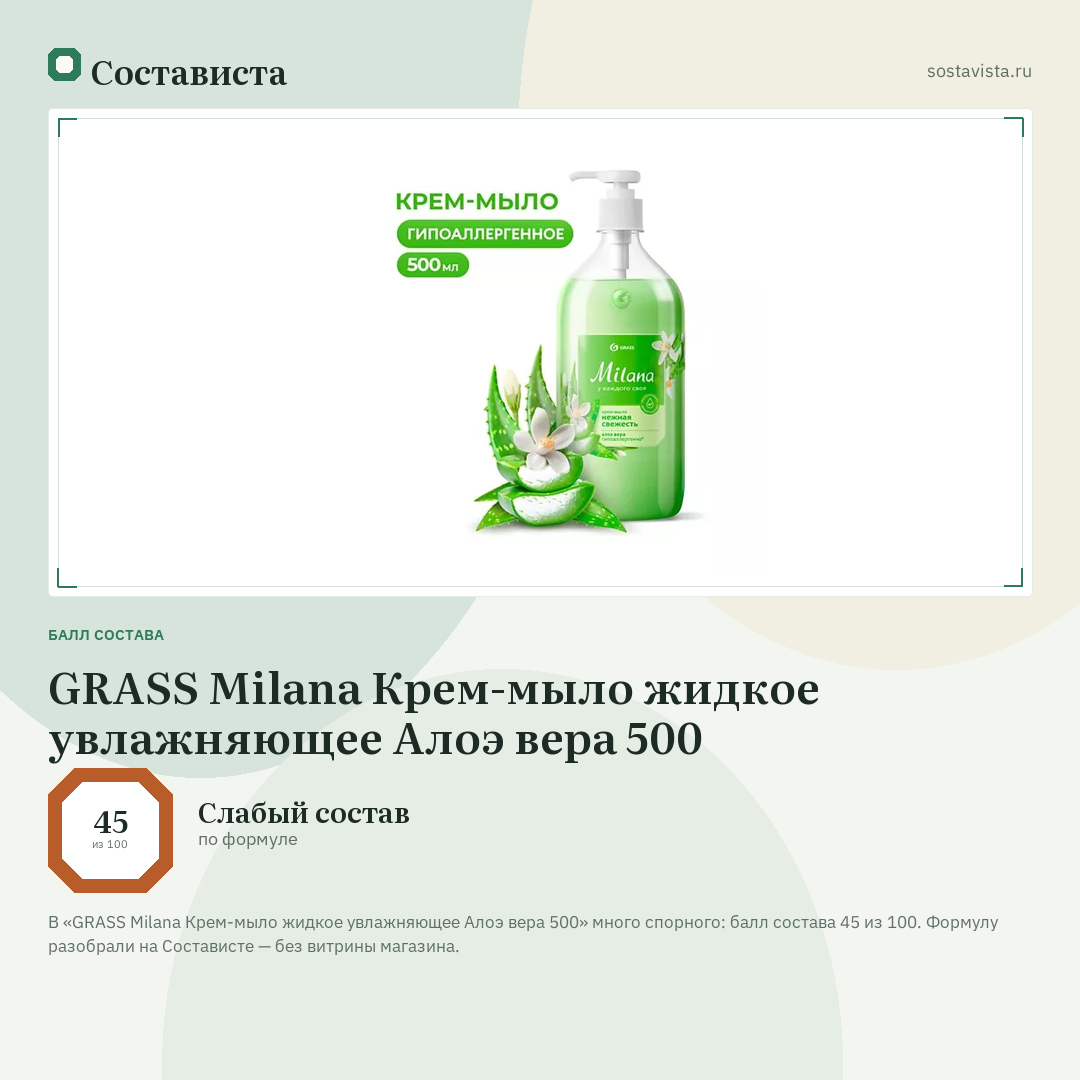 GRASS Milana Крем-мыло жидкое увлажняющее Алоэ вера 500: балл состава 45 из 100 — Состависта