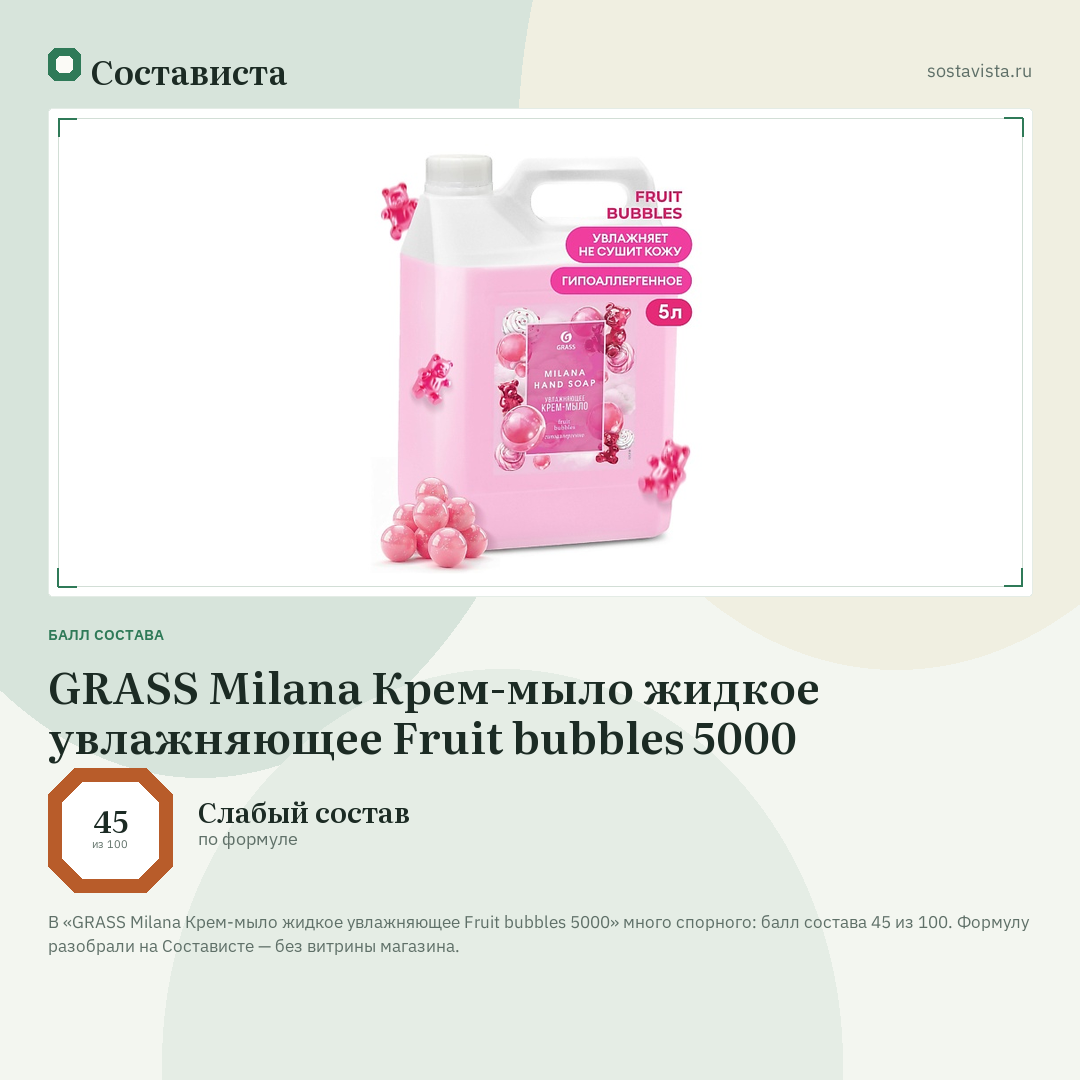 GRASS Milana Крем-мыло жидкое увлажняющее Fruit bubbles 5000: балл состава 45 из 100 — Состависта