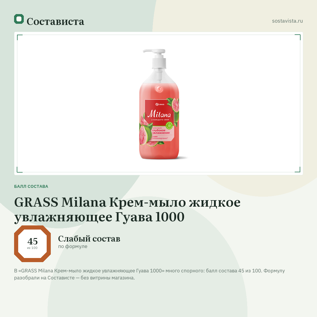 GRASS Milana Крем-мыло жидкое увлажняющее Гуава 1000: балл состава 45 из 100 — Состависта