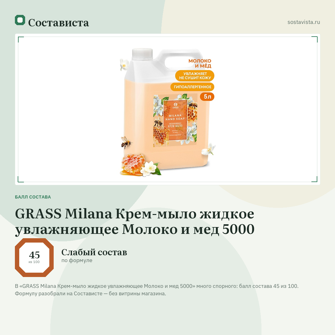 GRASS Milana Крем-мыло жидкое увлажняющее Молоко и мед 5000: балл состава 45 из 100 — Состависта