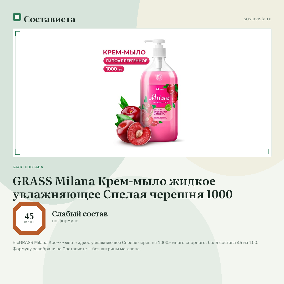 GRASS Milana Крем-мыло жидкое увлажняющее Спелая черешня 1000: балл состава 45 из 100 — Состависта