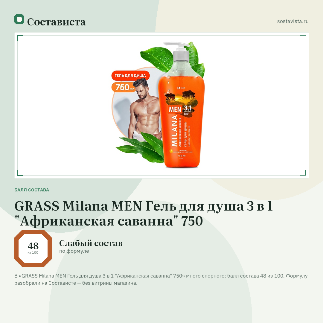 GRASS Milana MEN Гель для душа 3 в 1 "Африканская саванна" 750: балл состава 48 из 100 — Состависта