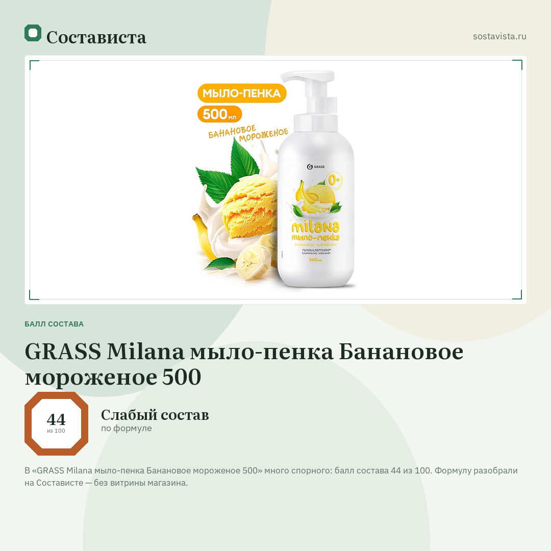 GRASS Milana мыло-пенка Банановое мороженое 500: балл состава 44 из 100 — Состависта