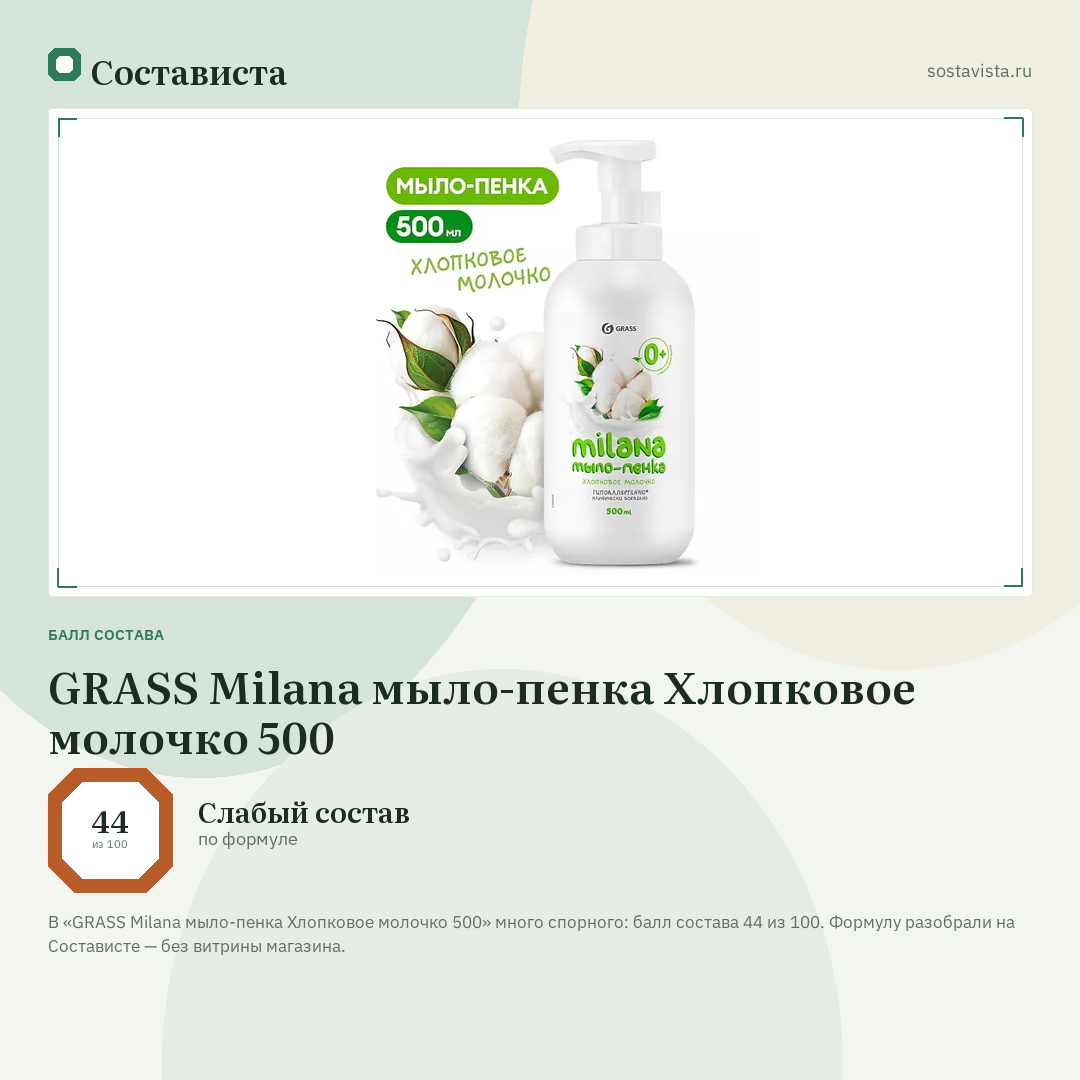 GRASS Milana мыло-пенка Хлопковое молочко 500: балл состава 44 из 100 — Состависта