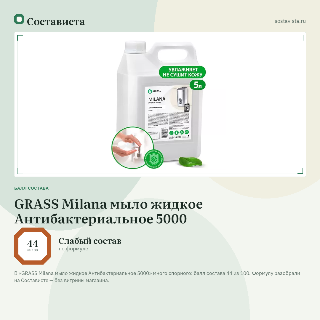 GRASS Milana мыло жидкое Антибактериальное 5000: балл состава 44 из 100 — Состависта
