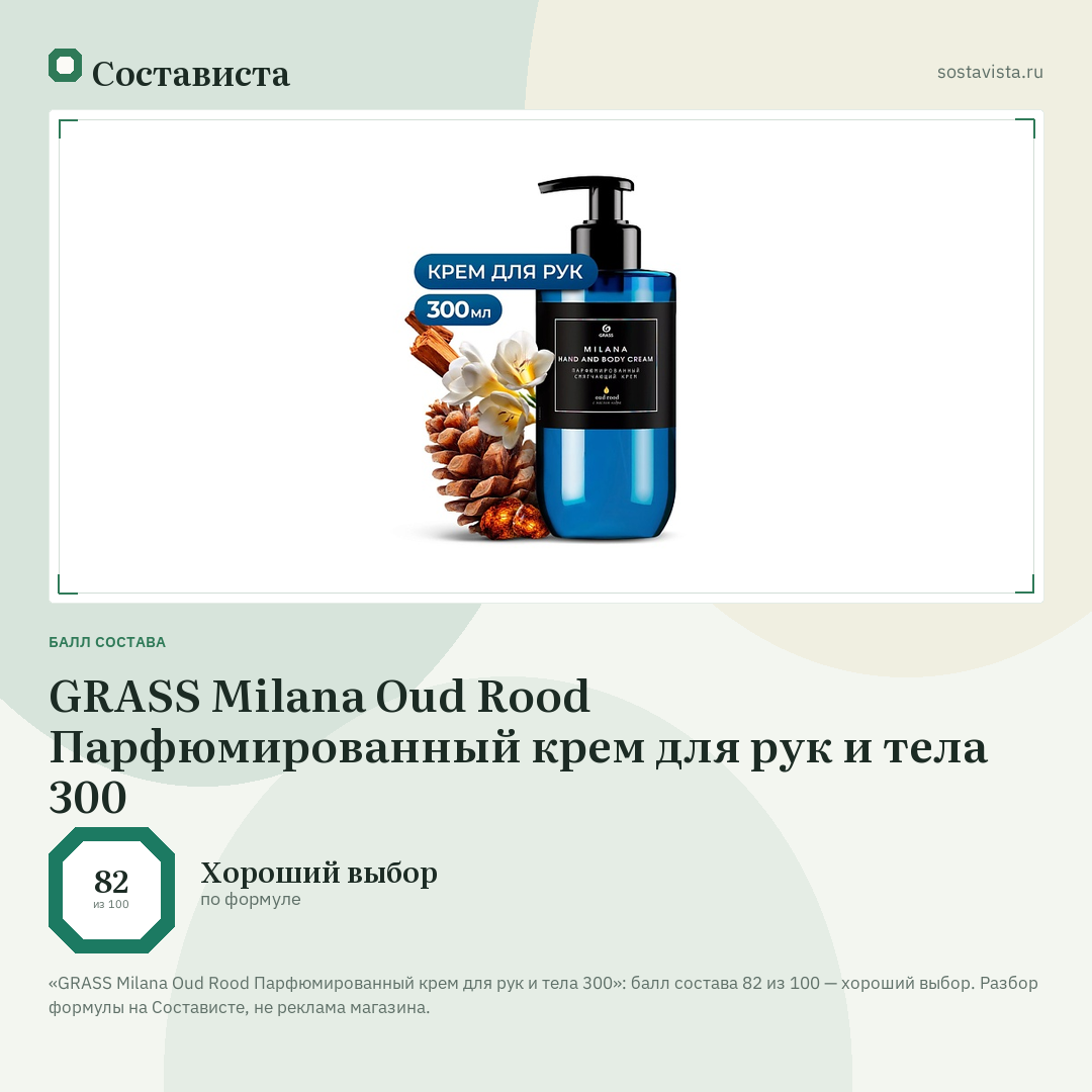 GRASS Milana Oud Rood Парфюмированный крем для рук и тела 300: балл состава 82 из 100 — Состависта